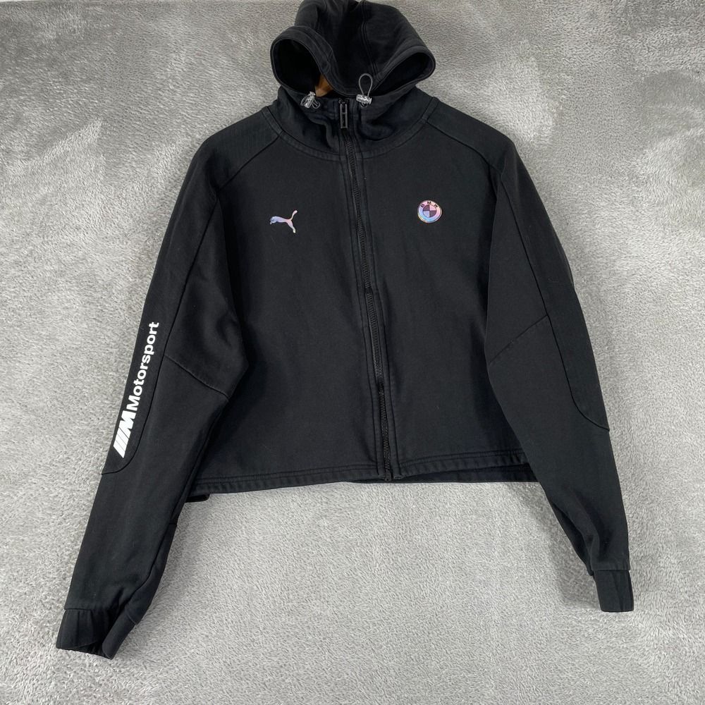 Puma BMW Motorsport Hoodie Womens XL Black Cropped Full Zip Iridescent Racing